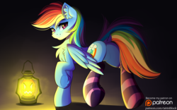 Size: 3888x2423 | Tagged: safe, artist:airiniblock, part of a set, rainbow dash, pegasus, pony, rcf community, g4, butt, chest fluff, clothes, cute, ear fluff, featureless crotch, female, halloween, high res, holiday, lantern, looking back, mare, patreon, patreon logo, plot, smiling, socks, solo, stockings, striped socks, stupid sexy rainbow dash, thigh highs