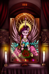 Size: 3377x5120 | Tagged: safe, artist:darksly, princess cadance, alicorn, pony, g4, altar, candle, crystal heart, female, fire, holding, hoof shoes, painting, solo