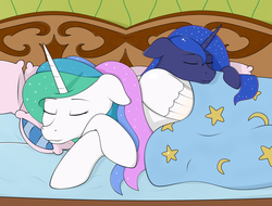Size: 1908x1448 | Tagged: safe, artist:kirr12, princess celestia, princess luna, alicorn, pony, g4, bed, blanket, crossed hooves, cuddling, duo, female, mare, pillow, pony pillow, royal sisters, sleeping, stars