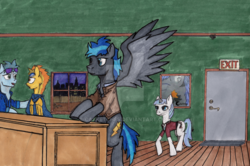 Size: 1023x681 | Tagged: safe, artist:casketches, soarin', spitfire, oc, oc:avira penner, oc:cerulean aura, oc:skye stormryder, bat pony, pegasus, pony, unicorn, g4, bar, bat pony oc, horn, night, traditional art, walking, wings