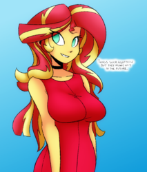 Size: 698x821 | Tagged: safe, artist:reiduran, color edit, colorist:ironhades, edit, sunset shimmer, equestria girls, g4, blue background, breasts, busty sunset shimmer, choker, clothes, colored, female, gradient background, looking at you, pussytivity, simple background, smiling, text