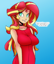 Size: 698x821 | Tagged: safe, artist:reiduran, color edit, colorist:ironhades, edit, sunset shimmer, equestria girls, g4, blue background, breasts, busty sunset shimmer, choker, clothes, colored, female, gradient background, looking at you, pussytivity, simple background, smiling, text