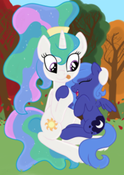 Size: 1753x2480 | Tagged: safe, artist:sjart117, princess celestia, princess luna, alicorn, pony, g4, :p, alternate hairstyle, autumn, c:, cute, cutelestia, eyes closed, female, filly, happy, heart eyes, hilarious in hindsight, holding hooves, hug, leaves, lunabetes, mare, open mouth, outdoors, playing, ponytail, royal sisters, silly, sisters, sitting, smiling, teenager, tongue out, tree, wingding eyes, woona, young celestia, young luna, younger