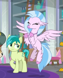 Size: 439x540 | Tagged: safe, screencap, gallus, sandbar, silverstream, yona, classical hippogriff, earth pony, hippogriff, pony, g4, school raze, cropped, cutie mark, duo focus, eyes closed, female, male, offscreen character, teenager, wings