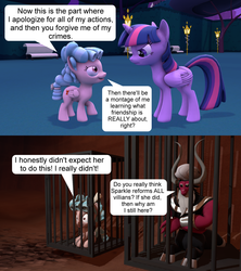 Size: 1920x2160 | Tagged: safe, anonymous artist, cozy glow, lord tirek, twilight sparkle, alicorn, centaur, pegasus, pony, g4, school raze, 2 panel comic, 3d, cage, comic, cozybuse, female, filly, foal, gilligan cut, hilarious in hindsight, male, mare, tartarus, that escalated quickly, twilight sparkle (alicorn)
