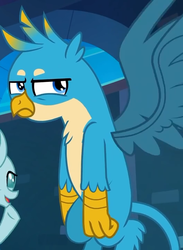 Size: 528x720 | Tagged: safe, screencap, gallus, ocellus, griffon, g4, school raze, annoyed, claws, cropped, gallus is not amused, male, offscreen character, solo, tail, wings
