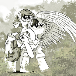 Size: 1500x1500 | Tagged: safe, artist:ruhisu, oc, oc:brave wing, oc:delicate jay, pegasus, pony, brother, female, glasses, male, mare, one winged pegasus, ribbon, siblings, sister, smiling, stallion