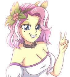 Size: 1769x1952 | Tagged: safe, artist:sumin6301, vignette valencia, equestria girls, equestria girls series, g4, rollercoaster of friendship, bare shoulders, beauty mark, breasts, busty vignette valencia, choker, cleavage, clothes, female, flower, flower in hair, looking at you, mole, peace sign, simple background, smiling, solo, white background