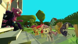 Size: 1600x900 | Tagged: safe, artist:kilolf, apple bloom, applejack, cheerilee, rainbow dash, rarity, scootaloo, sweetie belle, oc, oc:nyx, alicorn, earth pony, pegasus, pony, unicorn, g4, 3d, alicorn oc, apple bloom's bow, applejack's hat, back to school, blank flank, bow, bush, cowboy hat, cutie mark, cutie mark crusaders, day, family, female, fence, filly, flying, garden, grass, hair bow, happy, hat, hill, horn, mare, moon, ponyville schoolhouse, road, roof, running, sad, school, shield, sisters, sky, slit pupils, source filmmaker, stairs, student, teacher, teacher and student, tree, walking, wall of tags, window, wings