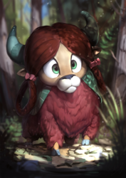 Size: 850x1200 | Tagged: safe, artist:assasinmonkey, yona, yak, g4, season 8, :3, cloven hooves, cute, digital painting, female, forest, grass, looking at something, monkey swings, nature, scenery, smiling, solo, sunlight, tree, wide eyes, yonadorable