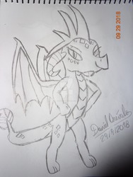 Size: 1600x2133 | Tagged: safe, artist:1987arevalo, princess ember, dragon, g4, female, hand on hip, monochrome, signature, simple background, solo, traditional art, white background