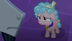 Size: 1280x720 | Tagged: safe, screencap, chancellor neighsay, cozy glow, g4, school raze, bow, displeased, female, filly, floppy ears, foal, night, pouting, school of friendship