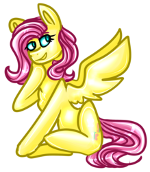 Size: 1669x1908 | Tagged: safe, artist:juliamity, fluttershy, pegasus, pony, g4, chest fluff, female, mare, signature, simple background, sitting, solo, spread wings, transparent background, wings