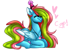 Size: 2000x1411 | Tagged: safe, artist:juliamity, oc, oc only, pegasus, pony, eye clipping through hair, eyes closed, female, hair over one eye, hat, heart, jewelry, long hair, mare, necklace, party hat, signature, simple background, solo, transparent background