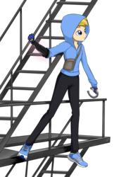 Size: 1000x1400 | Tagged: safe, artist:twilite-sparkleplz, oc, oc only, oc:cherish lynne, equestria girls, g4, barely eqg related, barely pony related, clothes, femboy, fire escape, gloves, hoodie, horseshoes, male, messenger bag, shoes, simple background, sneakers, solo, transparent background, urban