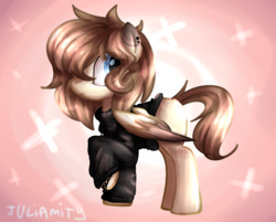 Size: 800x643 | Tagged: safe, artist:juliamity, oc, oc only, pegasus, pony, clothes, ear piercing, earring, eye clipping through hair, female, hair over one eye, jewelry, mare, piercing, raised hoof, signature, solo, sweater