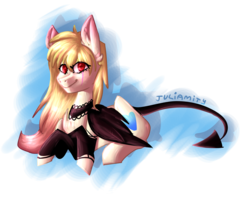 Size: 1848x1498 | Tagged: safe, artist:juliamity, oc, oc only, demon pony, pony, bat wings, choker, colored pupils, ear fluff, eye clipping through hair, female, mare, red eyes, signature, simple background, solo, transparent background, wings