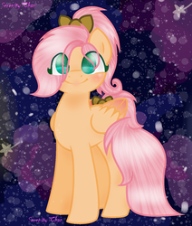 Size: 1132x1332 | Tagged: safe, artist:yanderechan01, oc, oc only, oc:flutter sweet, pegasus, pony, abstract background, bow, eye clipping through hair, female, hair bow, looking at you, mare, offspring, parent:big macintosh, parent:fluttershy, parents:fluttermac, signature, smiling, solo, tail bow