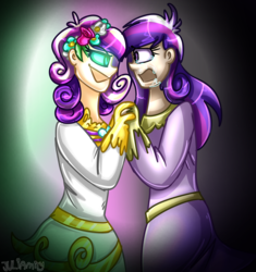 Size: 1708x1816 | Tagged: safe, artist:juliamity, princess cadance, queen chrysalis, human, g4, clothes, crying, dress, duo, duo female, fake cadance, female, glowing eyes, green eyes, humanized, signature, wedding dress