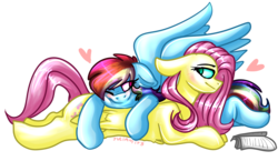 Size: 2000x1157 | Tagged: safe, artist:juliamity, fluttershy, rainbow dash, pegasus, pony, g4, blushing, book, female, floppy ears, heart, lesbian, looking at each other, lying down, mare, one eye closed, ship:flutterdash, shipping, signature, simple background, spread wings, transparent background, wings