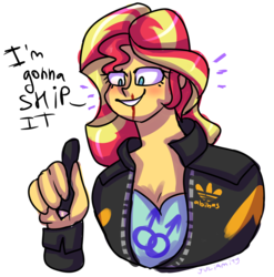 Size: 1366x1380 | Tagged: safe, artist:juliamity, sunset shimmer, equestria girls, g4, blood, female, grin, implied lesbian, nosebleed, pen, shipper on deck, signature, simple background, smiling, solo, sunset shipper, transparent background