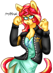 Size: 1414x1920 | Tagged: safe, artist:juliamity, sunset shimmer, cat, anthro, equestria girls, g4, cat ears, cat tail, female, implied lesbian, looking at you, meow, signature, simple background, solo, species swap, transparent background