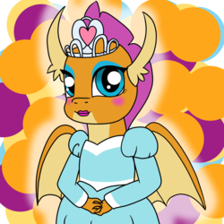 Size: 2000x2000 | Tagged: safe, artist:artistathefilly, smolder, dragon, g4, what lies beneath, abstract background, clothes, dragoness, dress, female, high res, jewelry, lipstick, makeup, princess smolder, puffy sleeves, solo, tiara