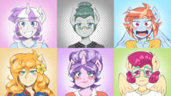 Size: 2400x1340 | Tagged: safe, artist:thegreatrouge, cloudy quartz, cookie crumbles, pear butter, posey shy, twilight velvet, windy whistles, earth pony, pegasus, unicorn, anthro, g4, blushing, clothes, female, flower, flower in hair, glasses, jewelry, lidded eyes, looking at you, mom six, necklace, open mouth, pearl necklace, smiling