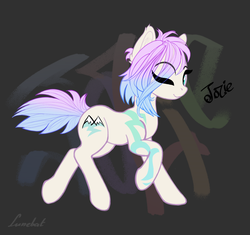 Size: 1374x1289 | Tagged: safe, artist:lunebat, oc, oc:jozie, earth pony, pony, abstract background, hair over one eye, running