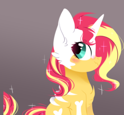 Size: 3110x2888 | Tagged: safe, artist:mint-light, sunset shimmer, pony, unicorn, g4, blushing, bone, cheek fluff, chest fluff, ear fluff, female, gradient background, halloween, halloween costume, high res, holiday, mare, scrunchy face, sitting, solo