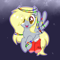 Size: 1200x1200 | Tagged: safe, artist:mint-light, derpy hooves, pegasus, pony, g4, :d, alternate hairstyle, christmas, christmas lights, christmas stocking, clothes, eye clipping through hair, eyelashes, female, flying, hair over one eye, holiday, looking at you, smiling, socks, solo, tangled up