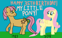 Size: 3292x2023 | Tagged: safe, artist:sb1991, derpibooru exclusive, fluttershy, posey, earth pony, pegasus, pony, g4, 35th anniversary, generation leap, happy birthday, happy birthday mlp:fim, high res, text