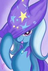 Size: 860x1280 | Tagged: safe, artist:derpx1, trixie, pony, unicorn, g4, cape, clothes, female, hat, hoof hold, looking at you, mare, signature, solo, tongue out, trixie's cape, trixie's hat