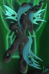 Size: 860x1280 | Tagged: safe, artist:derpx1, queen chrysalis, changeling, changeling queen, g4, crossed legs, crown, female, jewelry, looking at you, regalia, signature, sitting, solo