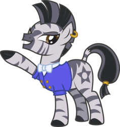 Size: 2719x2866 | Tagged: safe, artist:lightning stripe, derpibooru exclusive, oc, oc only, oc:zester, pony, zebra, g4, bowtie, brown eyes, buttons, clothes, cutie mark, ear piercing, earring, eyelashes, female, gray, high res, jewelry, mare, piercing, shit eating grin, show accurate, simple background, solo, striped mane, stripes, suit, transparent background, zebra oc