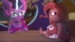 Size: 1024x576 | Tagged: dead source, safe, artist:wubcakeva, sci-twi, twilight sparkle, oc, oc:mezma, equestria girls, g4, breasts, busty sci-twi, busty twilight sparkle, clothes, fingerless gloves, gloves, lidded eyes, midnight sparkle, open mouth, sitting, table