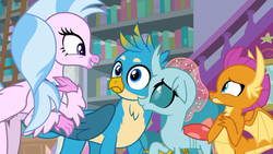 Size: 1280x720 | Tagged: safe, screencap, gallus, ocellus, silverstream, smolder, classical hippogriff, dragon, griffon, hippogriff, g4, school raze, chest fluff, dragoness, female, male, shocked, smiling, wings