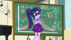 Size: 1920x1080 | Tagged: safe, screencap, sci-twi, twilight sparkle, equestria girls, g4, my little pony equestria girls: better together, overpowered (equestria girls), chalkboard, clothes, female, geode of telekinesis, glasses, ponytail, skirt, solo