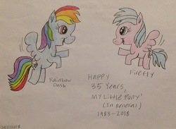 Size: 2096x1535 | Tagged: safe, artist:smurfettyblue, derpibooru exclusive, firefly, rainbow dash, pegasus, pony, g1, g4, 35th anniversary, g1 to g4, generation leap, generational ponidox, traditional art