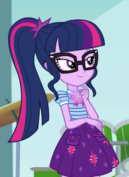 Size: 747x1028 | Tagged: safe, screencap, sci-twi, twilight sparkle, equestria girls, g4, my little pony equestria girls: better together, overpowered (equestria girls), clothes, cropped, female, geode of telekinesis, glasses, glowing geode, ponytail, skirt, smiling, solo