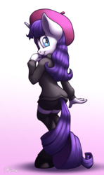 Size: 1280x2160 | Tagged: safe, artist:ohemo, rarity, unicorn, anthro, unguligrade anthro, g4, season 2, sweet and elite, beatnik rarity, beret, clothes, cute, female, hat, horn, looking at you, looking back, looking back at you, mare, raribetes, simple background, smiling, solo, sweater, white background