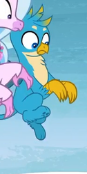 Size: 186x368 | Tagged: safe, screencap, gallus, silverstream, griffon, g4, school raze, chest fluff, claws, cropped, looking down, male, paw pads, paws, shocked, toe beans, underpaw, wings
