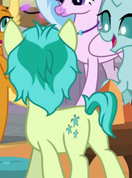 Size: 351x472 | Tagged: safe, screencap, ocellus, sandbar, silverstream, smolder, changedling, changeling, dragon, earth pony, hippogriff, pony, g4, the hearth's warming club, butt, cropped, dragoness, female, male, offscreen character, plot, sandbutt, teenager