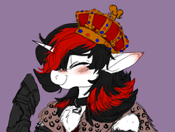 Size: 1600x1200 | Tagged: safe, artist:brainiac, oc, oc only, oc:blackjack, cyborg, pony, unicorn, fallout equestria, fallout equestria: project horizons, amputee, blushing, chest fluff, collar, crown, female, floppy ears, jewelry, mare, prosthetic limb, prosthetics, purple background, quadruple amputee, queen whiskey, regalia, simple background, solo