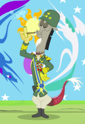 Size: 476x695 | Tagged: safe, screencap, discord, draconequus, g4, twilight's kingdom, boots, bubble, bubble pipe, clothes, corncob pipe, cropped, eyes closed, flag of equestria, general discord, helmet, male, outfit catalog, patton, pipe, shoes, solo, uniform