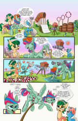Size: 6600x10200 | Tagged: safe, artist:lytlethelemur, oc, oc:champion, oc:gimbal lock, oc:nutmeg, earth pony, pegasus, pony, unicorn, comic:ponies in the outfield, absurd resolution, belly, buckball, bucket, clipboard, clothes, comic, female, headband, mare, out of shape, overweight, pencil, stuck, sweat, tank top