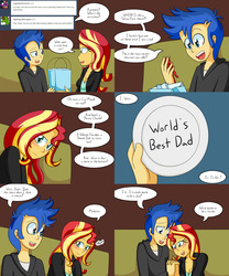 Size: 2000x2400 | Tagged: safe, artist:jake heritagu, flash sentry, sunset shimmer, comic:ask motherly scootaloo, comic:ask motherly sunset shimmer, equestria girls, g4, action figure, blushing, clothes, comic, couch, female, high res, male, marriage proposal, plate, pregnant, ship:flashimmer, shipping, straight, super sentai