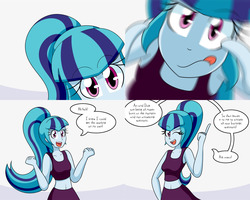 Size: 2000x1600 | Tagged: safe, artist:jake heritagu, sonata dusk, comic:aria's archives, equestria girls, g4, belly button, clothes, comic, dialogue, female, midriff, skirt, solo, speech bubble, tank top
