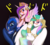 Size: 1640x1470 | Tagged: safe, artist:brisineo, princess cadance, princess celestia, princess luna, alicorn, pony, g4, alicorn triarchy, anime, battle tendency, clothes, costume, esidisi, eyeshadow, female, hat, horseshoes, japanese, jewelry, jojo pose, jojo's bizarre adventure, kars, looking at you, makeup, mare, pillar men, pose, raised eyebrow, regalia, simple background, smiling, smug, trio, wamuu