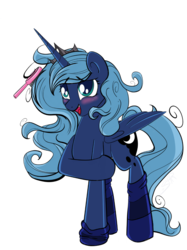 Size: 1080x1441 | Tagged: safe, artist:saralien, editor:apex soundwave, princess luna, alicorn, pony, g4, blushing, clothes, embarrassed, female, mare, messy mane, s1 luna, simple background, socks, solo, white background